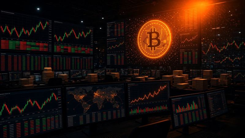 Salle de marchés, écrans orange Bitcoin et tickers rouges.