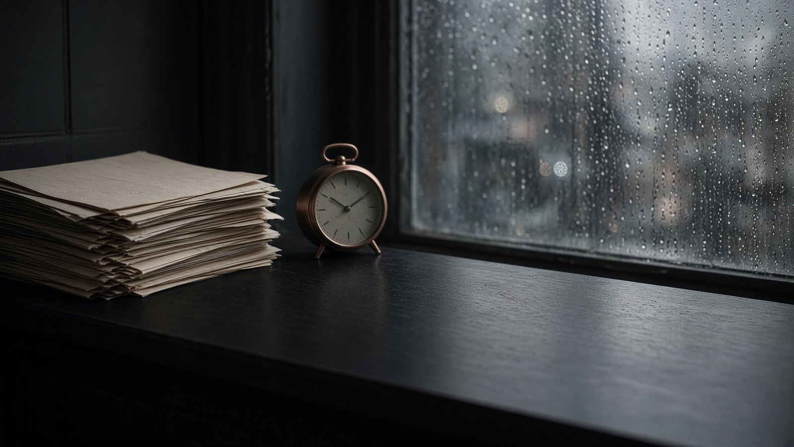 Rédaction le samedi: piles de papier crème, horloge cuivre, bureau vide, pluie.