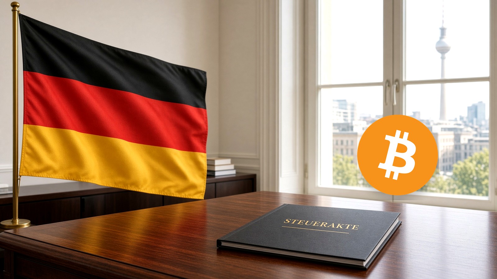German flag on a BMF desk, official ₿, the Reichstag behind.