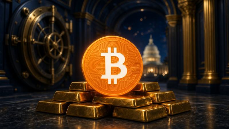 Gros B bitcoin orange sur des lingots, dans un coffre.