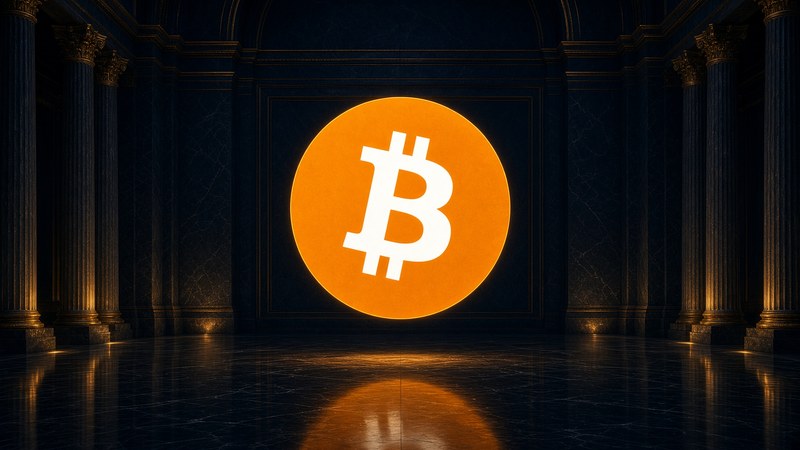 B de Bitcoin orange, centré, hall de marbre.