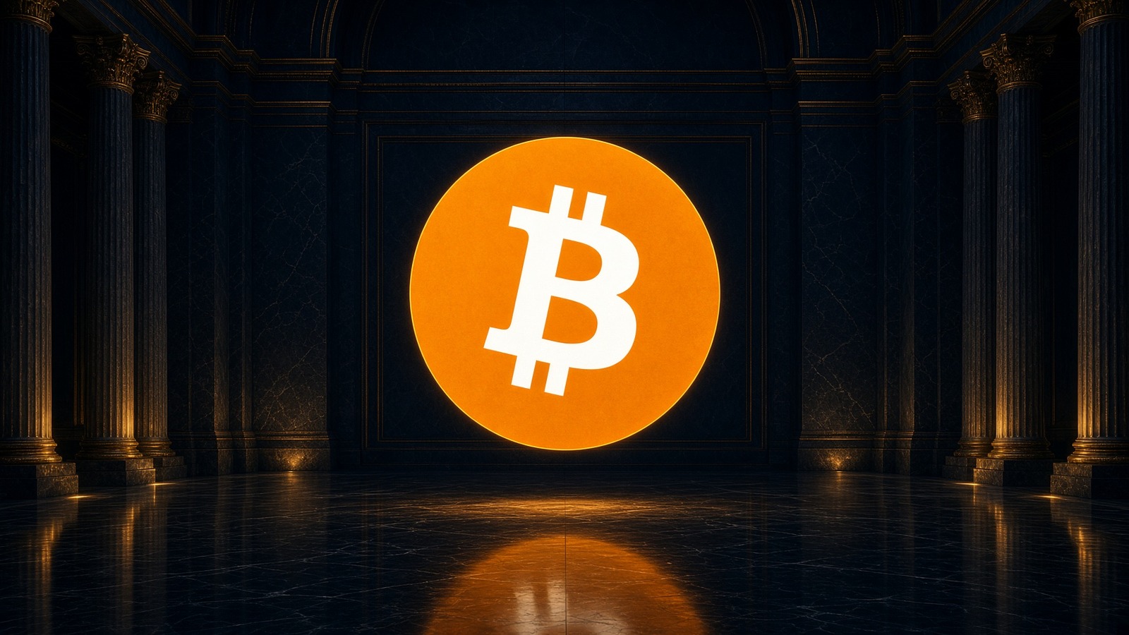 B de Bitcoin orange, centré, hall de marbre.
