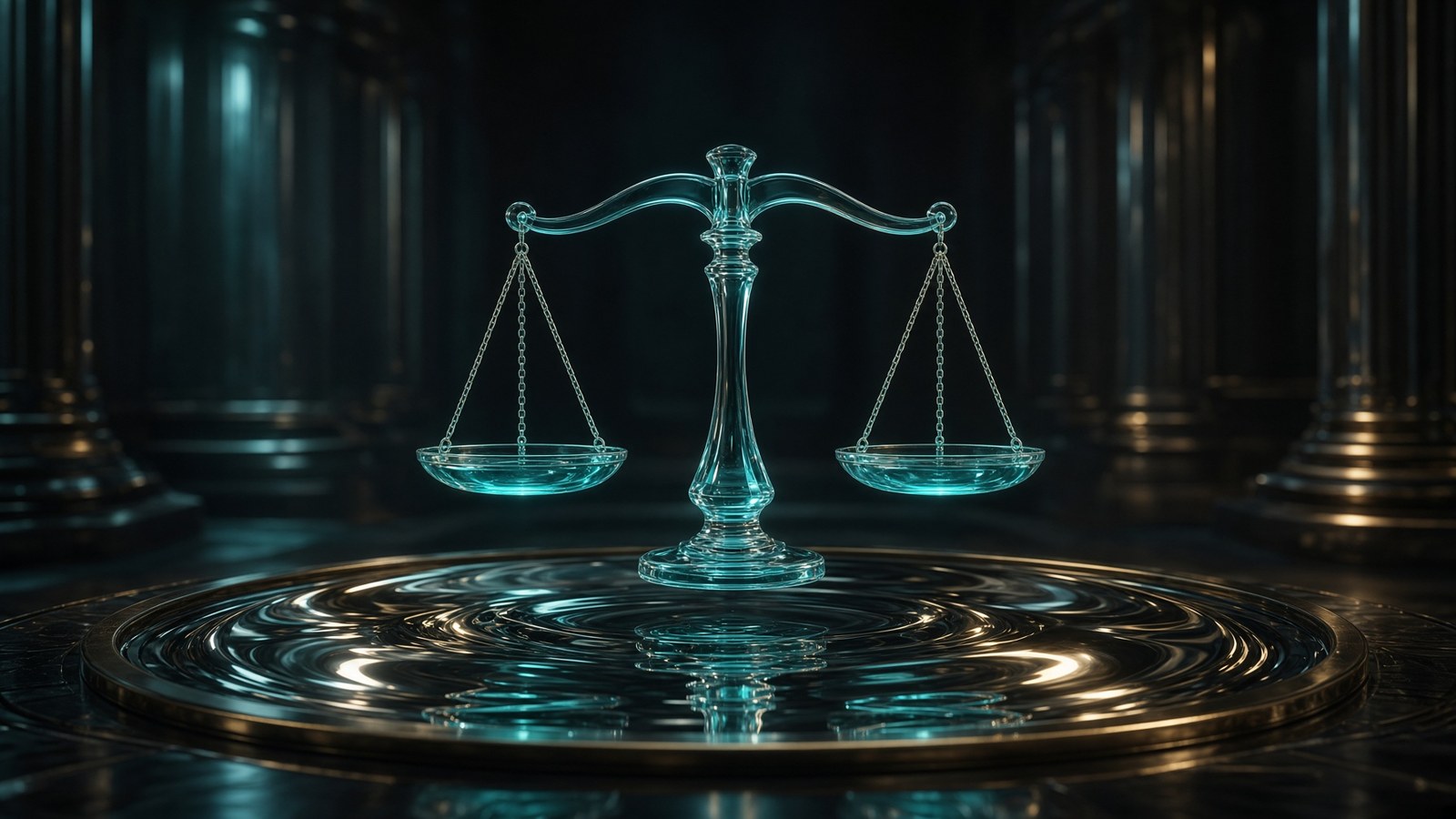 Grande balance de verre cyan au-dessus d’un bassin de métal.