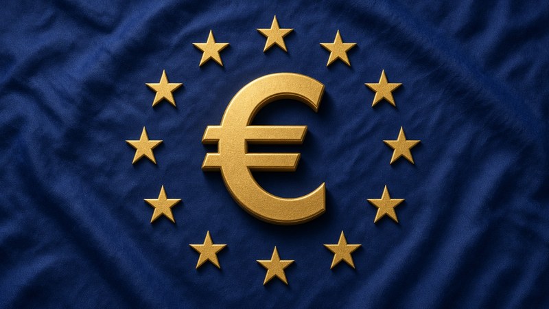 Drapeau européen, symbole euro au centre.