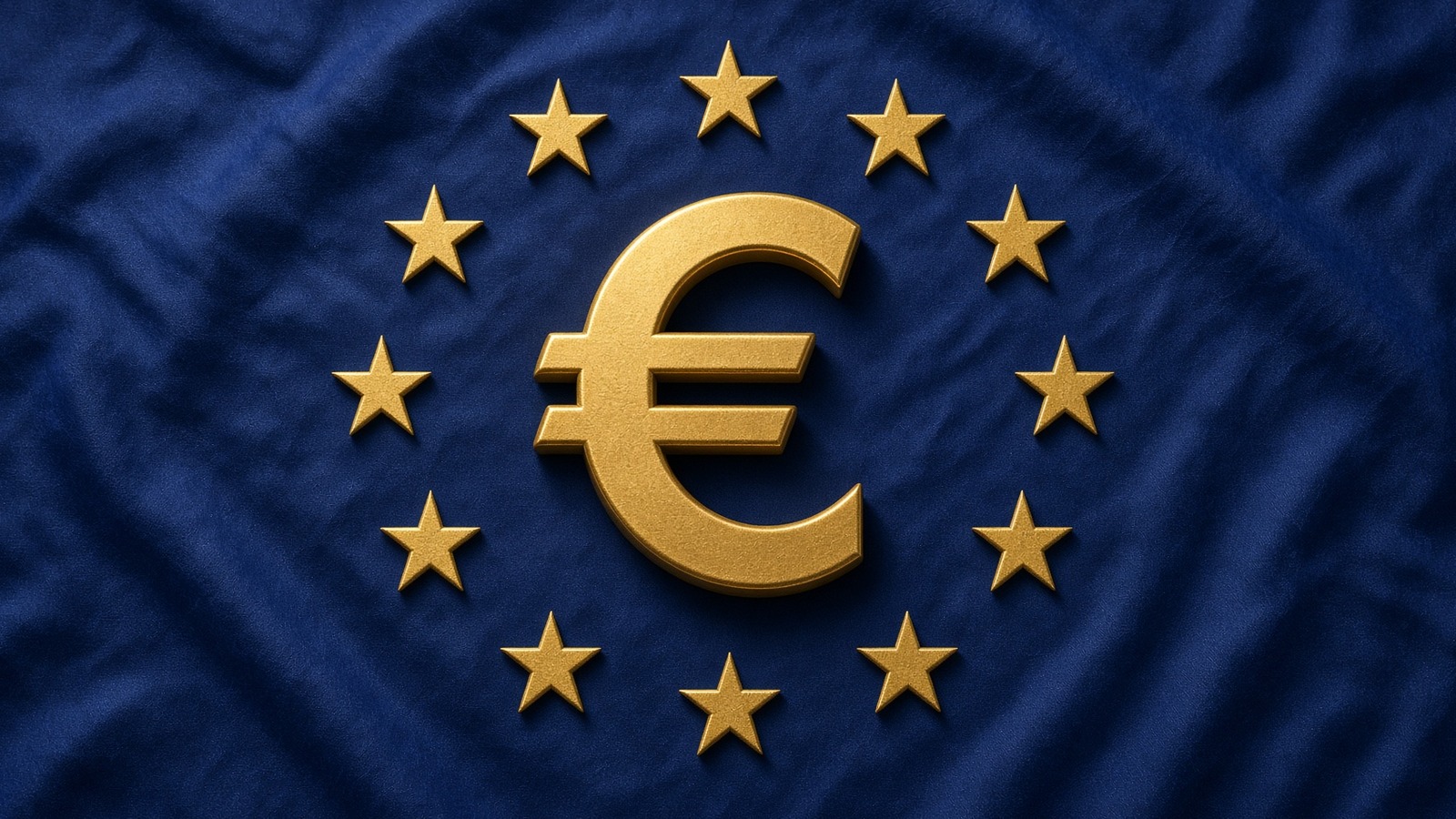 Drapeau européen, symbole euro au centre.