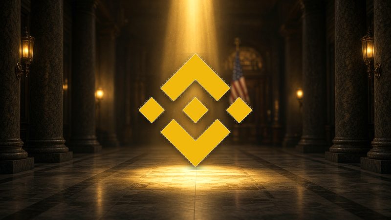 Logo Binance, centré, dans un palais de justice.