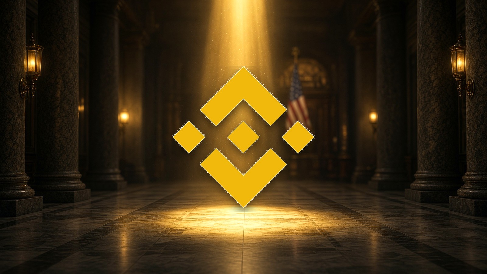 Logo Binance, centré, dans un palais de justice.