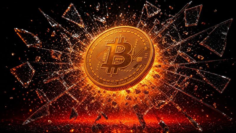 Bitcoin orange brisant une plaque de verre, éclats, halo rouge.