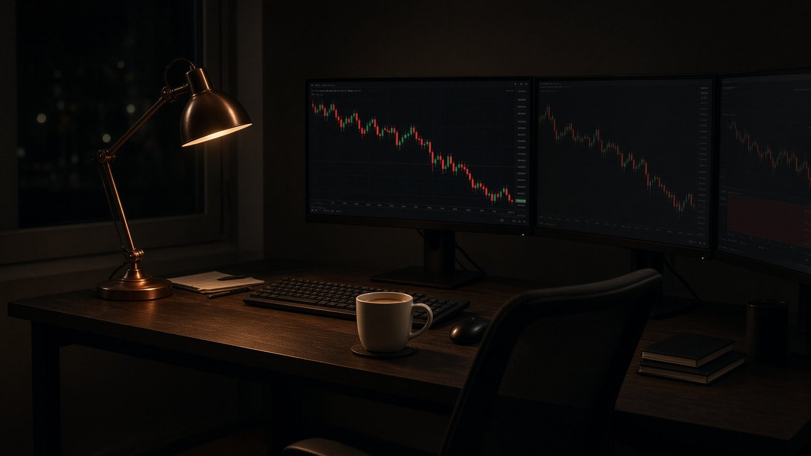 Bureau de trading de nuit, lampe cuivre, tasse crème, bougie rouge sur un écran.