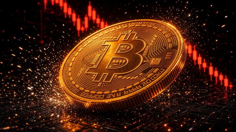 Bitcoin orange sur un parquet sombre, bougies rouges en hologramme.