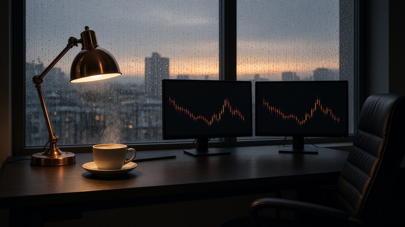 Bureau de trading à l’aube, café crème, lampe cuivre, bougie ambrée sur un écran, pluie.