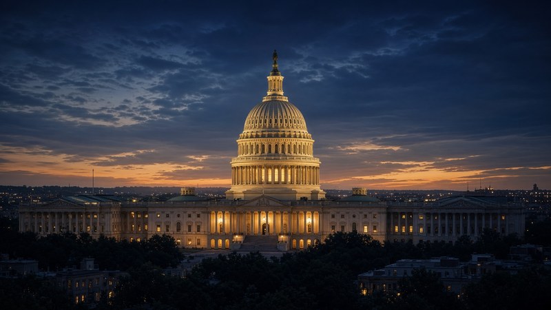 Capitole des États-Unis, centré, lumière de soir.