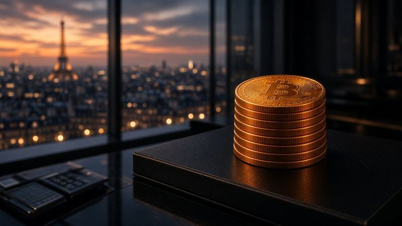 Pièces bitcoin orange sur un bureau de trésorerie, Paris au loin.