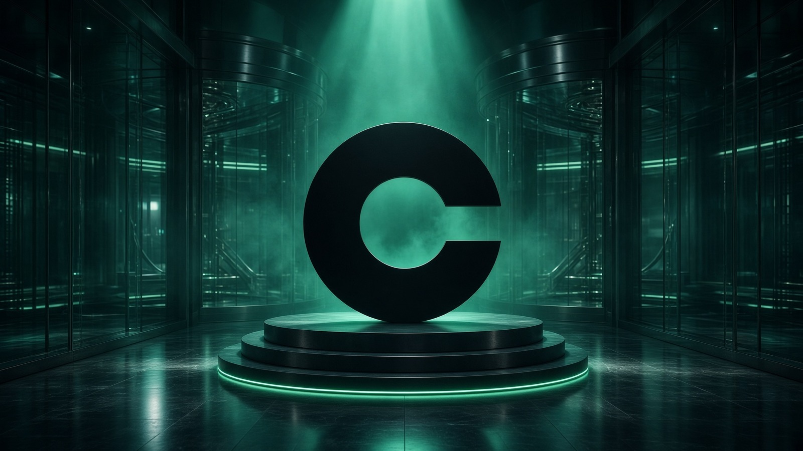 Logo Circle, C noir, centré, lumière teal.