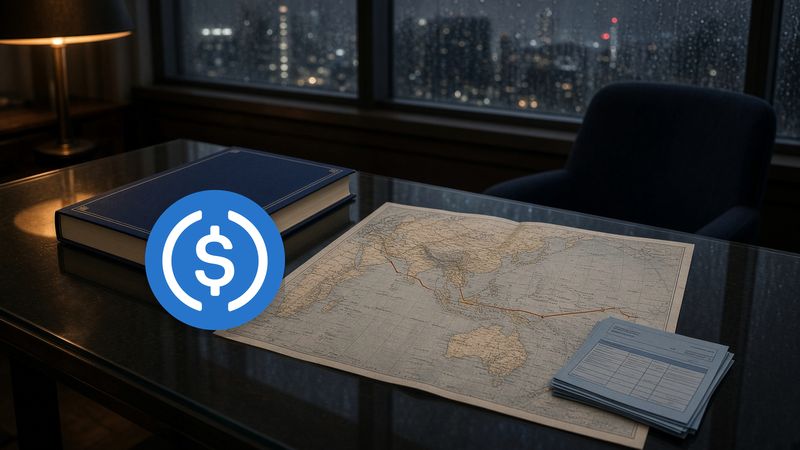 Official USDC mark on a table, Asia-Pacific map, orange payout line.