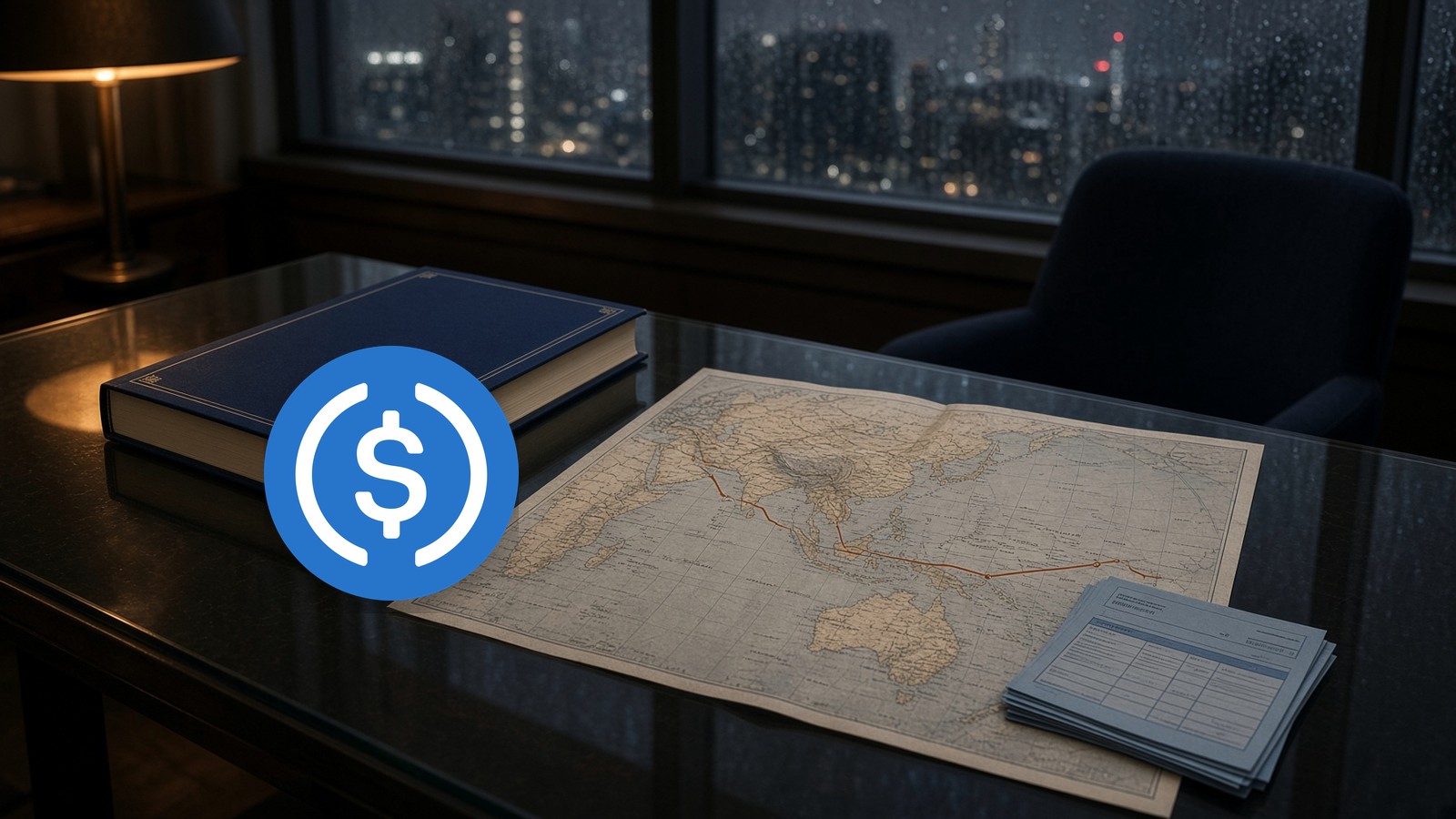 Official USDC mark on a table, Asia-Pacific map, orange payout line.