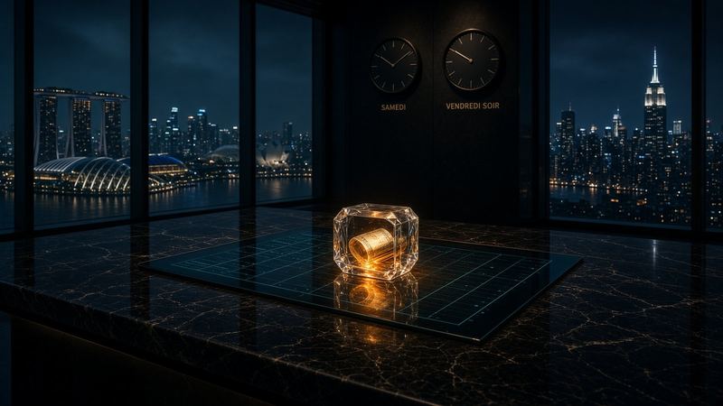 Dépôt dollar tokenisé, en cristal, sur un registre de verre. Singapour et New York aux fenêtres.
