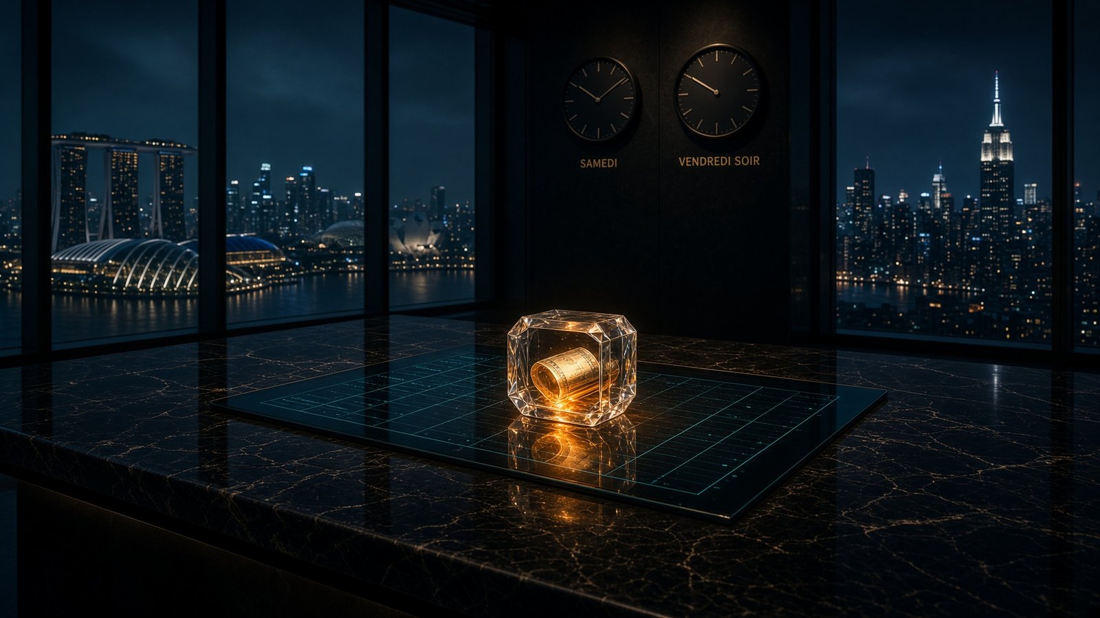 Dépôt dollar tokenisé, en cristal, sur un registre de verre. Singapour et New York aux fenêtres.