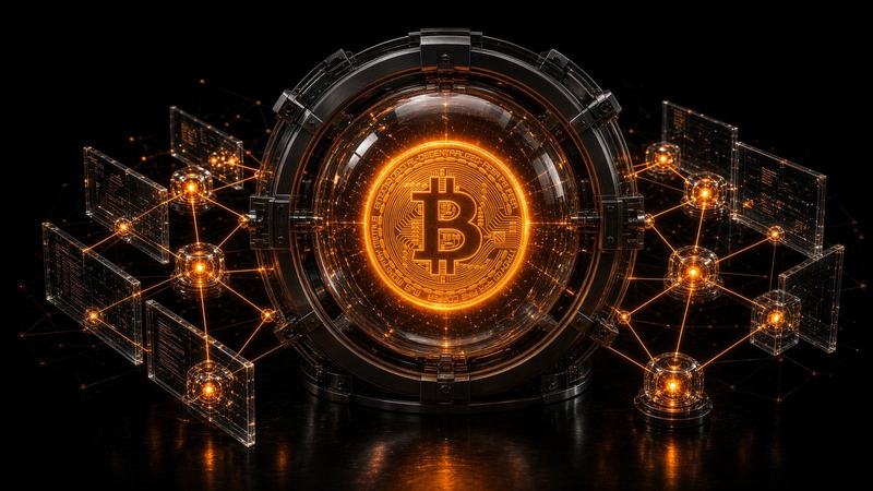 Bitcoin orange dans un coffre de verre et de nœuds DeFi.
