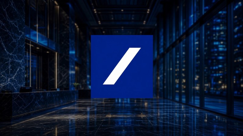Blue Deutsche Bank square, centered, night banking hall.