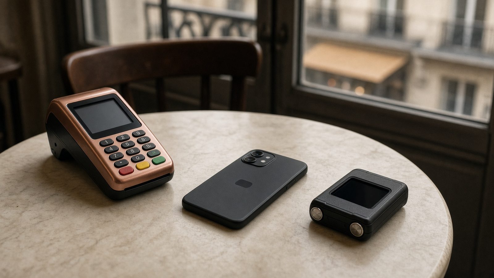 Table de café, téléphone posé à l'envers à côté d'un terminal de paiement cuivré et d'un portefeuille matériel.