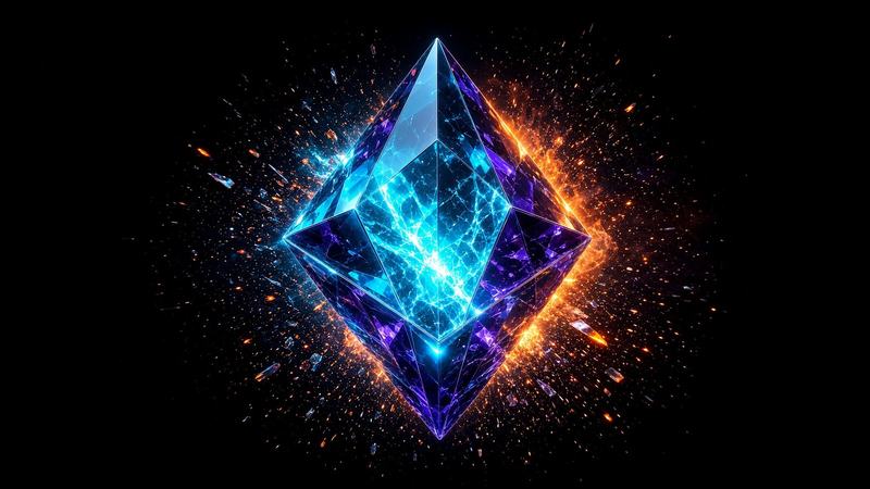 Diamant Ethereum cyan-violet, lumière orange en halo.