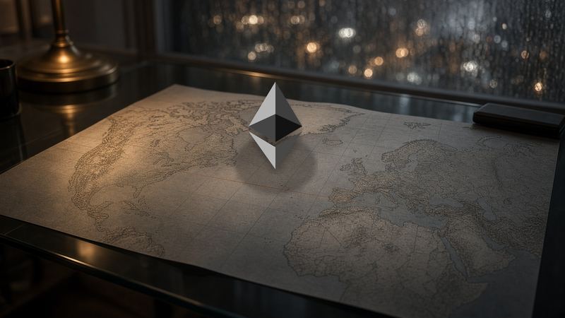 Le losange Ethereum posé sur une carte d’Europe, un trait orange vers l’est.