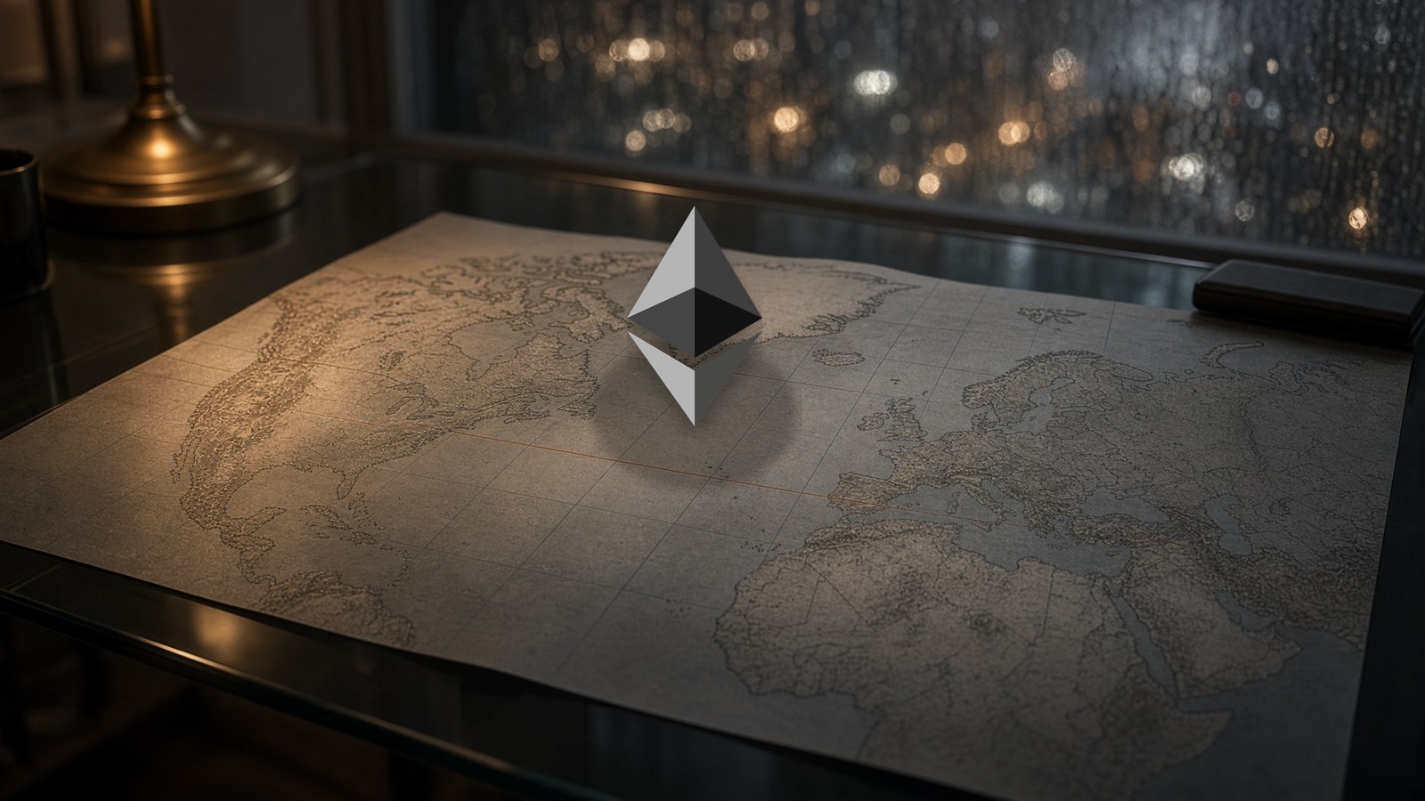 The Ethereum diamond on a map of Europe, an orange line running east.