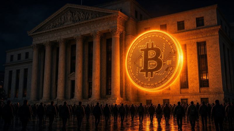 Façade de marbre la nuit, Bitcoin orange au premier plan, silhouettes.