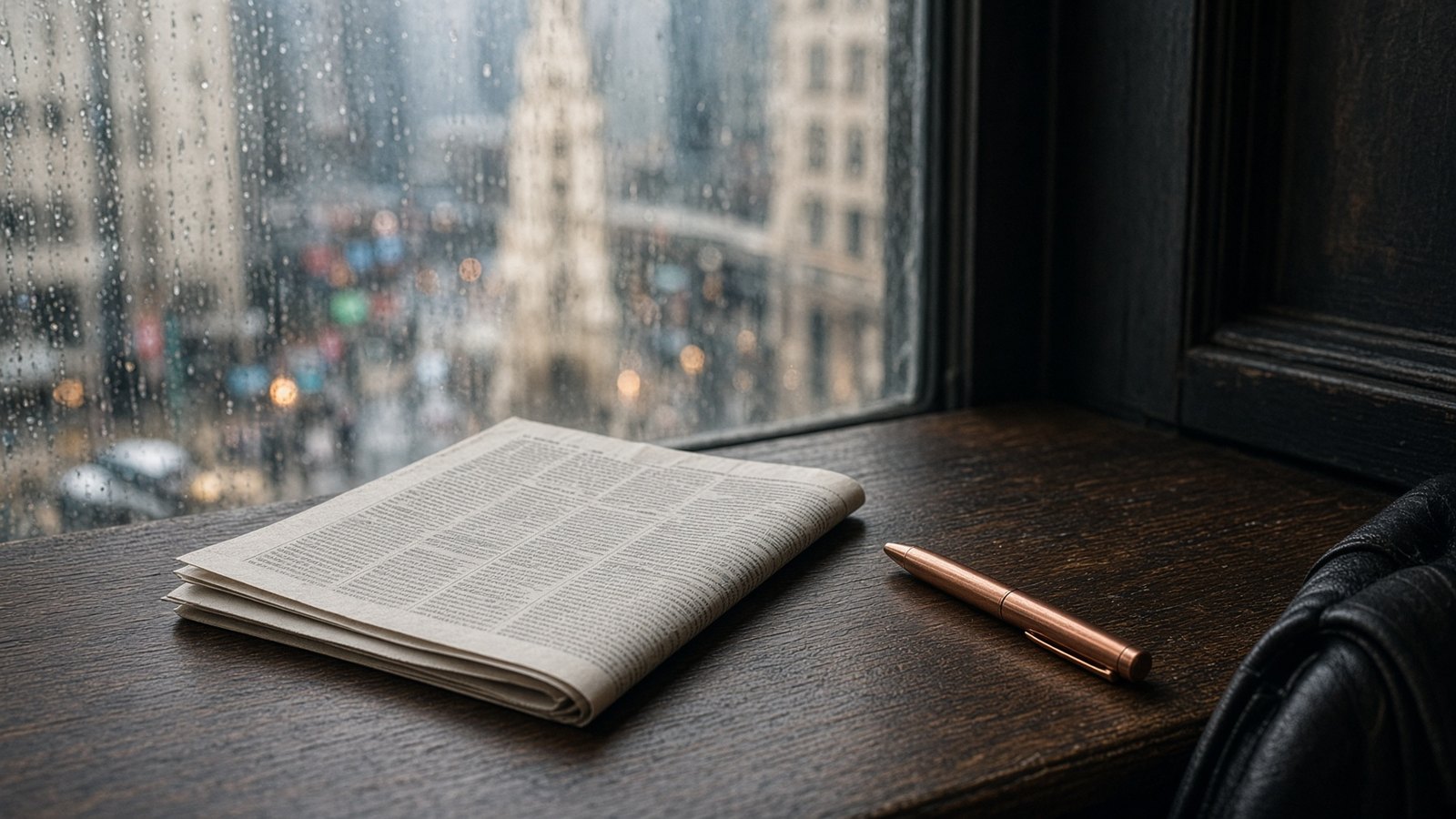 Journal crème sur un bureau de bois sombre, stylo cuivre, pluie contre la vitre.