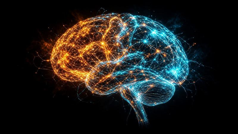 Cerveau de verre, fibres orange et cyan dans le noir.