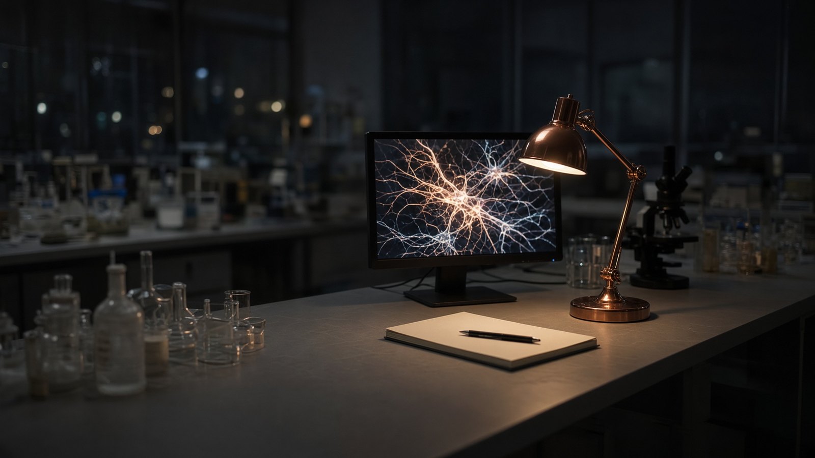 Laboratoire vide la nuit, écran à lueur abstraite, lampe cuivre, carnet crème.