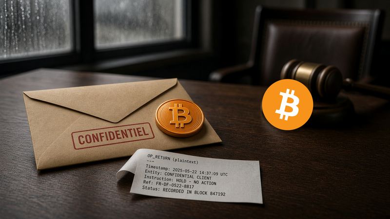 Official ₿ on a sealed envelope, an OP_RETURN strip, a gavel.