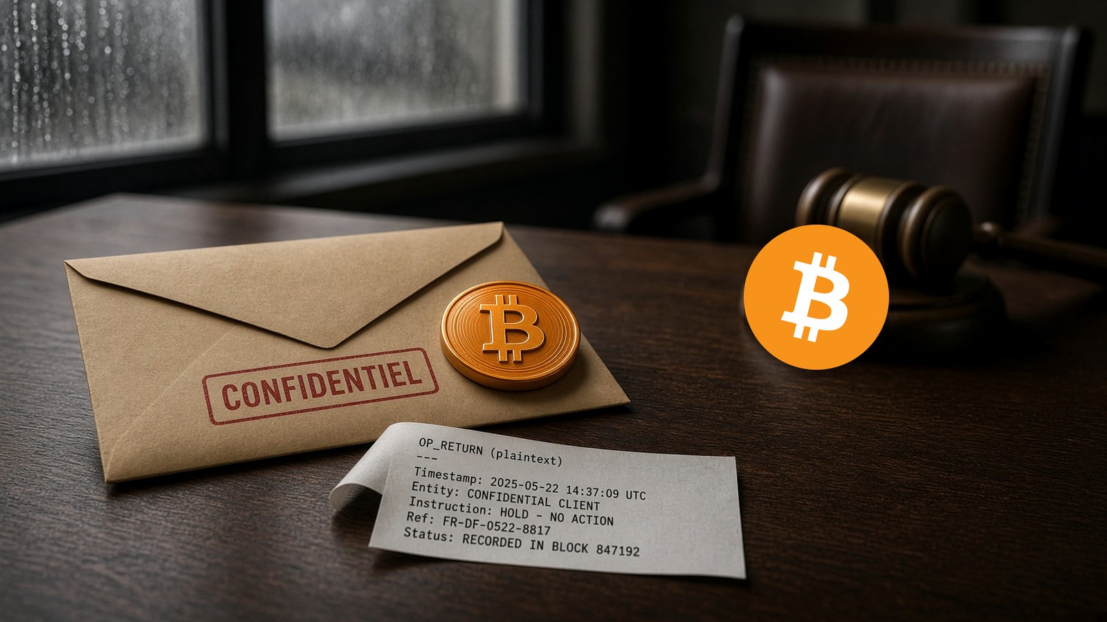 ₿ officiel sur une enveloppe scellée, bande OP_RETURN, marteau de juge.