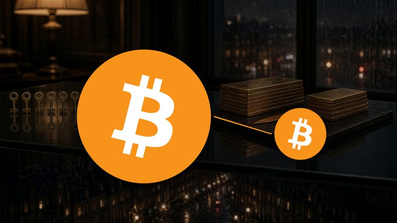Deux logos Bitcoin: le grand (85 %) et le petit (15 %), un trait orange entre les deux.