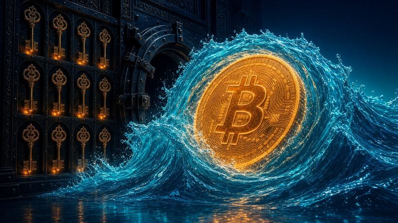 Vague teal figée, Bitcoin orange, coffre de clés sur fond navy.