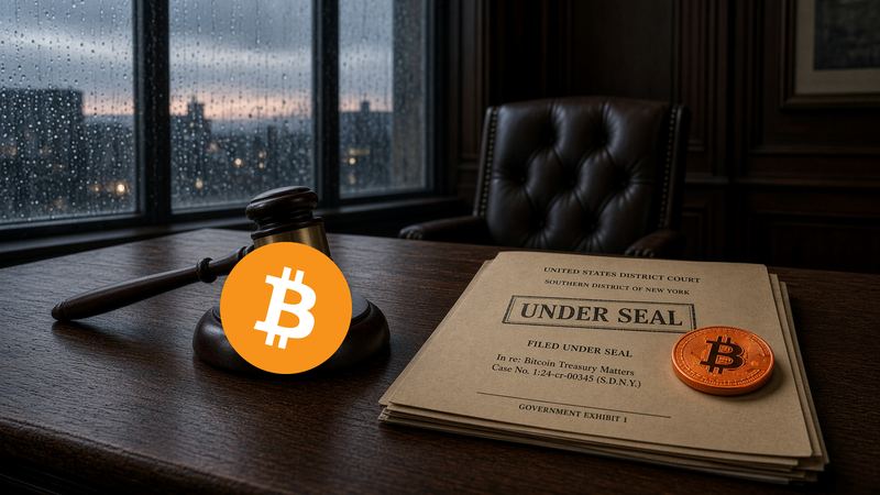 Official ₿ on a sealed folder, a gavel, an empty courtroom.