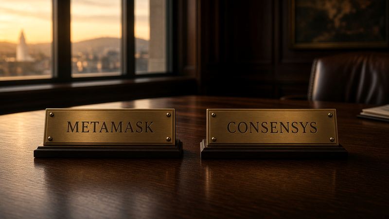Deux plaques: MetaMask et Consensys, un trait de lumière entre les deux.
