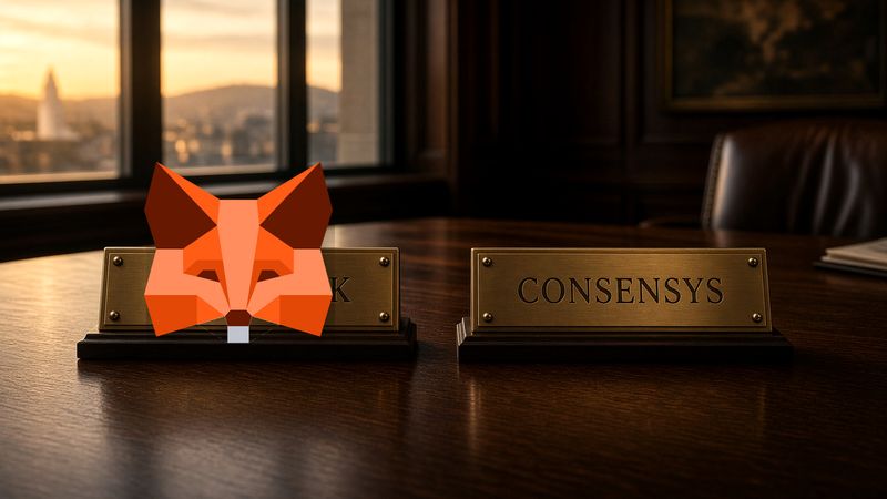 Two plates: MetaMask and Consensys, a line of light between them.