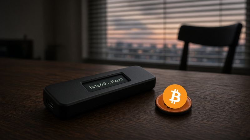 A generic hardware wallet, bc1q on the screen, the official ₿ beside it. Empty chair.