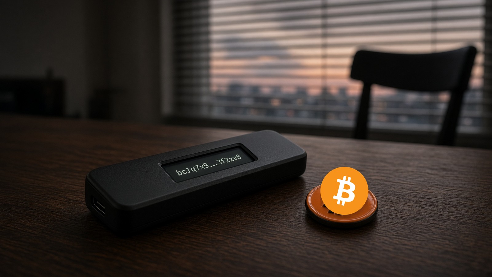 A generic hardware wallet, bc1q on the screen, the official ₿ beside it. Empty chair.
