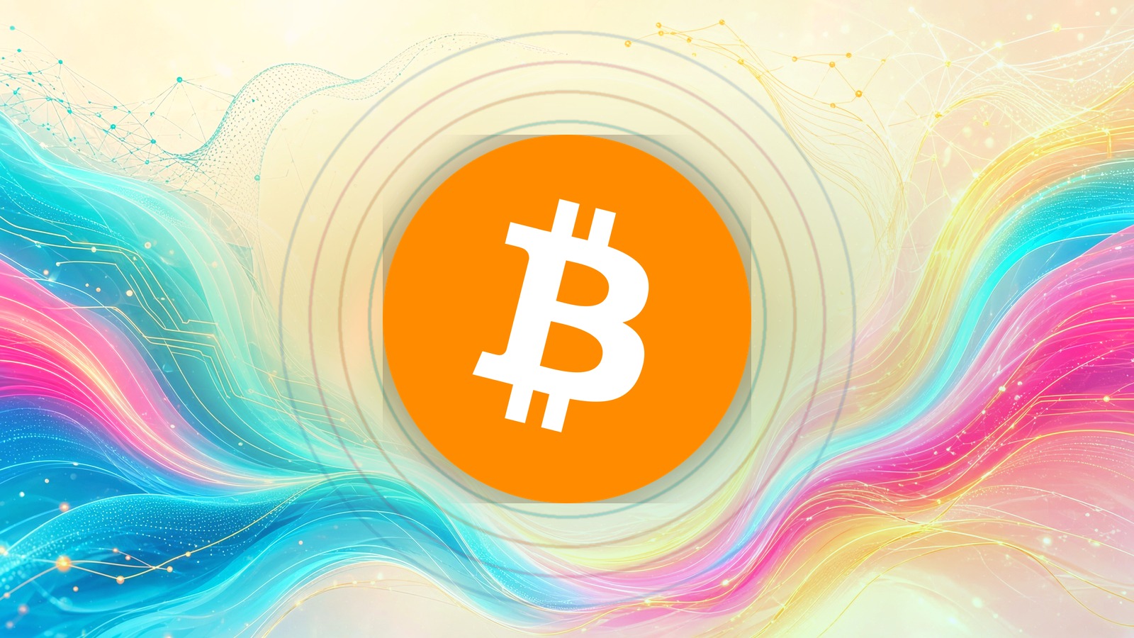 Bitcoin coin at the centre, AI motifs around it, on a bright ground.