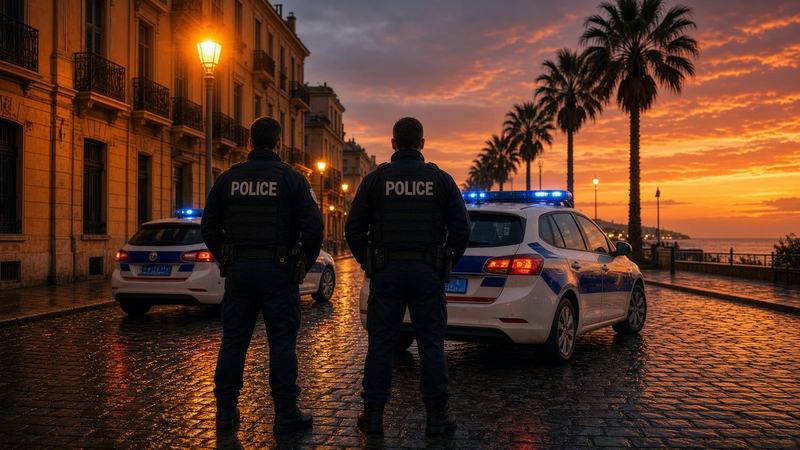Deux policiers de dos, dans une rue de Nice, devant des voitures de police.