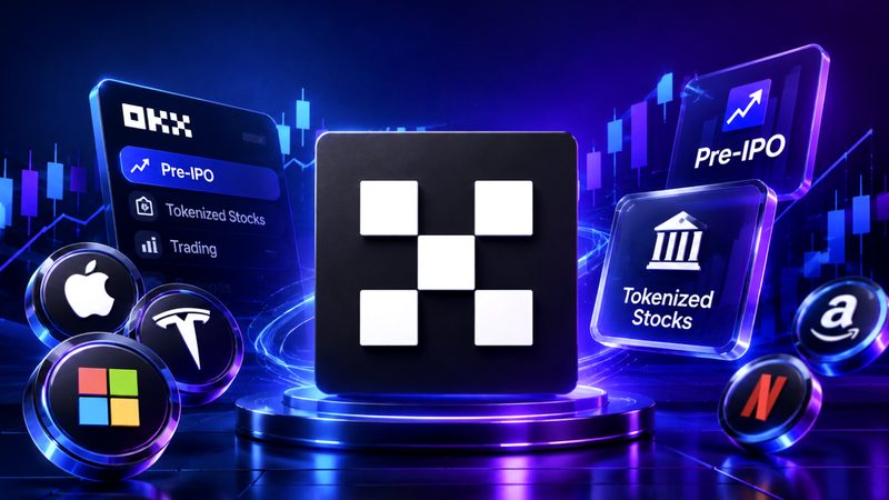 OKX, Pre-IPO et Tokenized Stocks : logo de la plateforme, OpenAI, Wall Street 24/7.