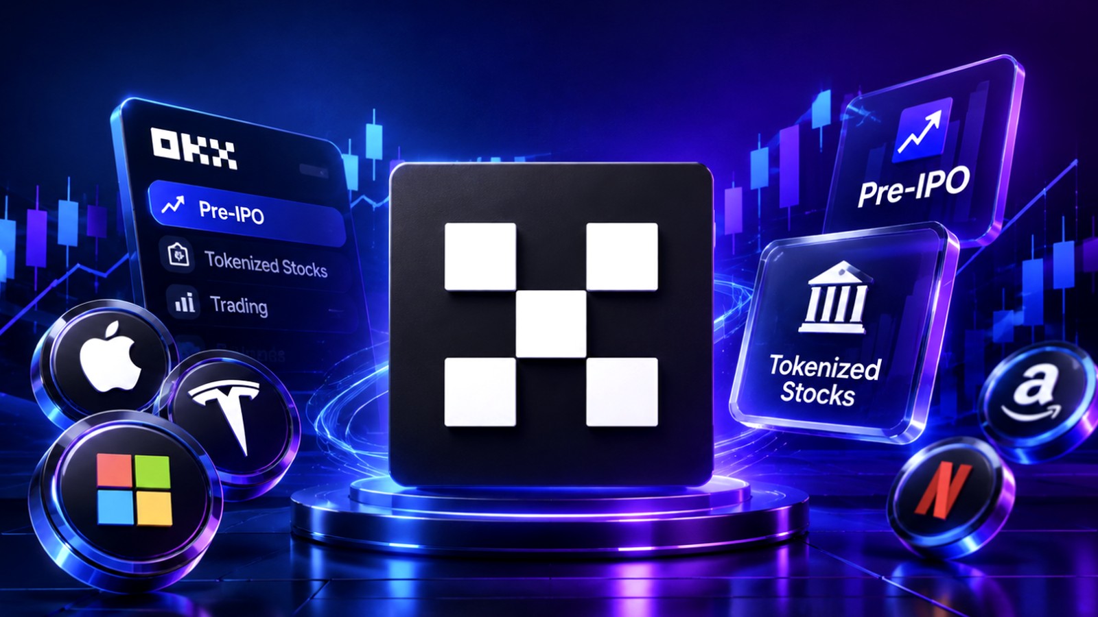 OKX, Pre-IPO et Tokenized Stocks : logo de la plateforme, OpenAI, Wall Street 24/7.