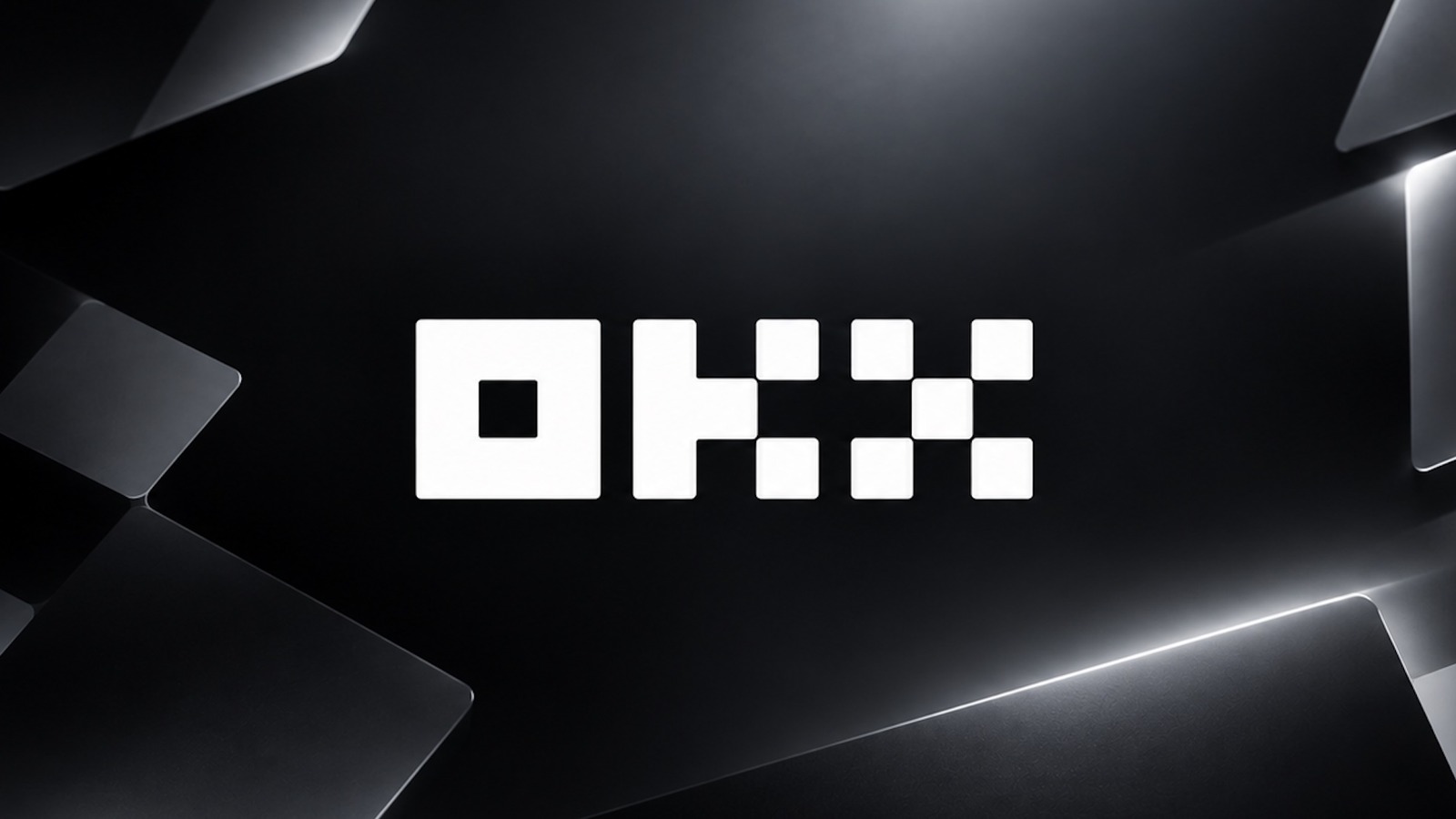 Logo OKX blanc, centré, sur fond noir.