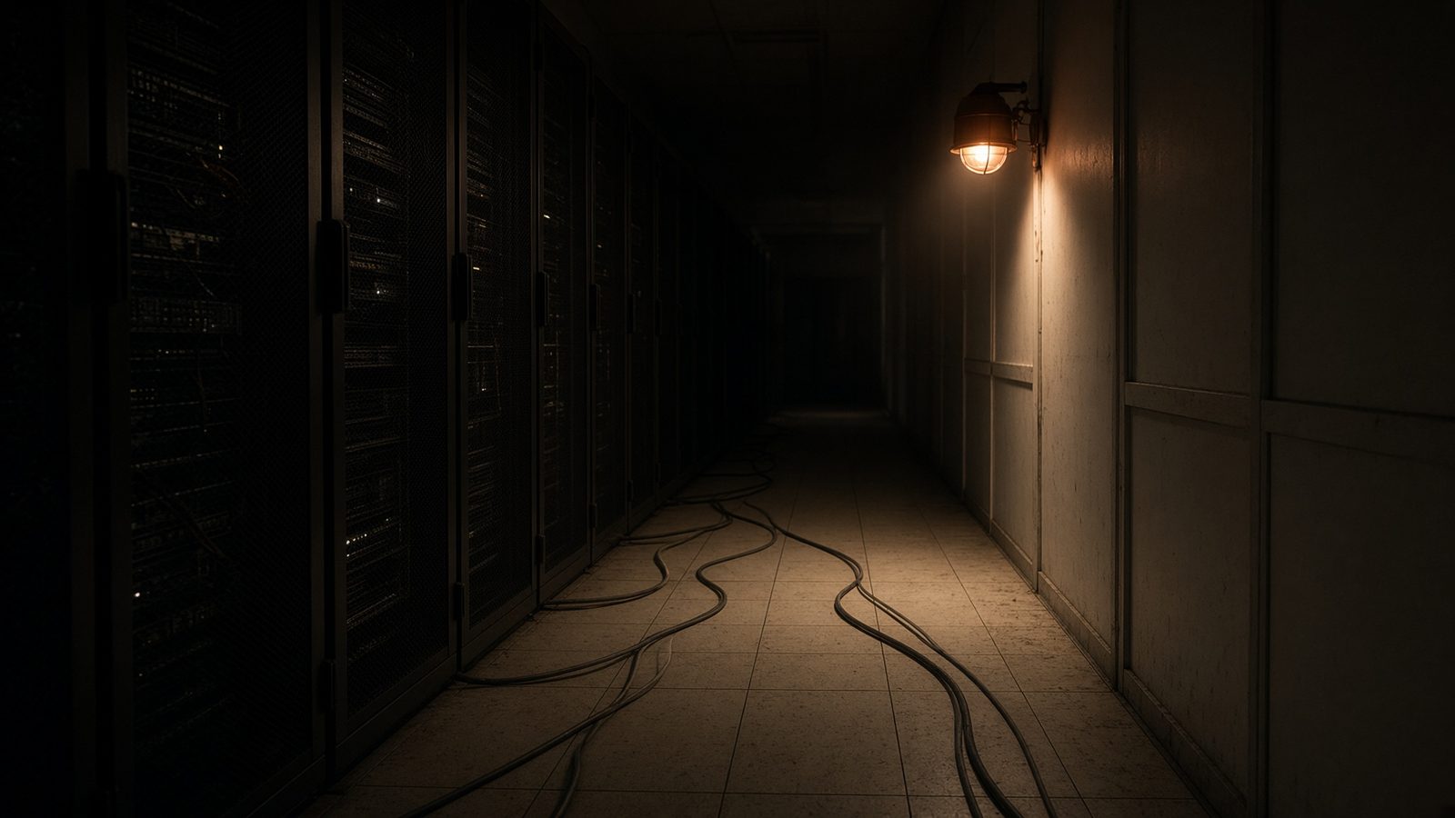 Couloir de datacenter sombre, baies éteintes, un voyant de secours cuivre allumé, câbles au sol.