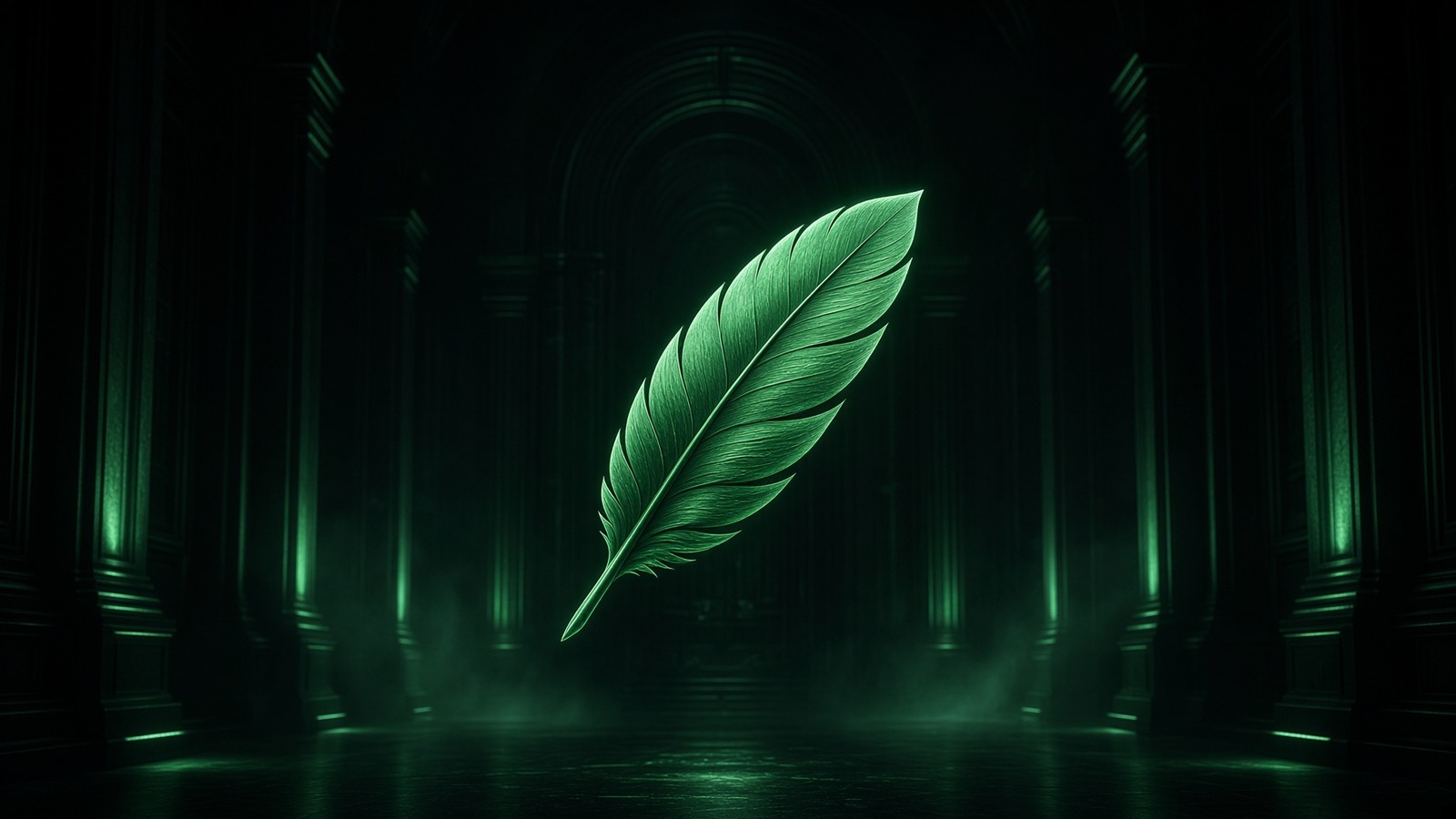 Plume Robinhood verte, centrée, lumière émeraude.