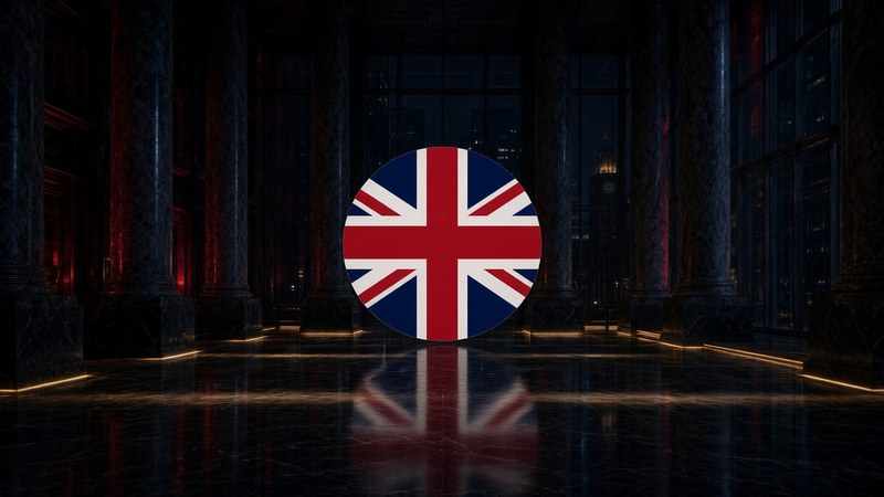 Round Union Jack, centered, night banking hall.