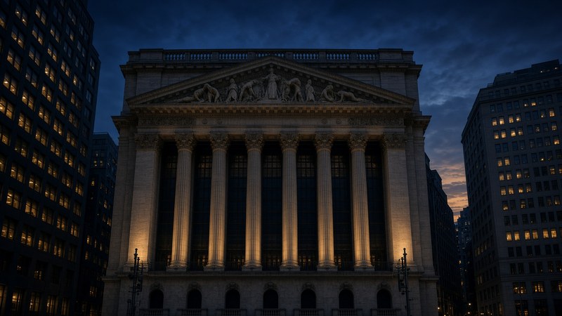 Façade de la Bourse de New York, lumière du soir.